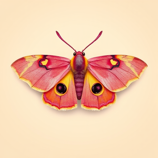 Create a high-resolution illustration of a symmetrical moth with vibrant pink, yellow, and purple colors against a soft beige background, using a DSLR camera, ISO 200, f/8 aperture, 50mm lens, and a shallow depth of field to enhance details and texture.
