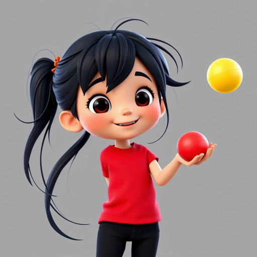 A 3D animated 6-year-old girl with long messy dark hair, joyfully She is juggling balls with her hand. , wearing a red t-shirt and black jeans, set against a gray background.
