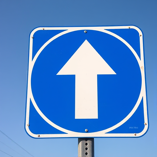 Create a high-resolution image of a road sign with a blue background and a large white upward arrow, captured with a Canon EOS R5 using a 50mm f/1.2 lens, aperture set to f/8, ISO 100, in bright daylight for optimal clarity and detail.