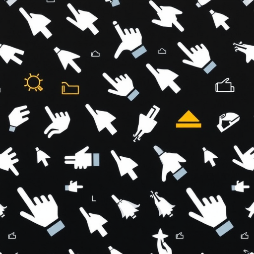 create a seamless pattern of various cursor icons including hand pointers, click symbols, and loading indicators on a black background, camera settings: f/8, ISO 100, shutter speed 1/125, camera view: top-down, camera style: flat lay, camera type: DSLR