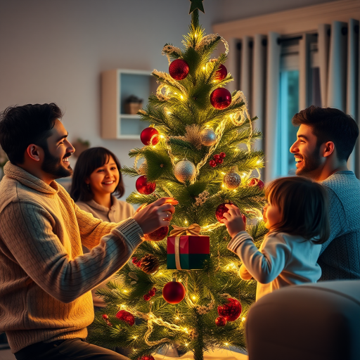 Warmly lit photo of a family decorating a Christmas tree in a cozy living room, soft glow from twinkling lights illuminating their smiles, with the scent of pine and cinnamon filling the air.