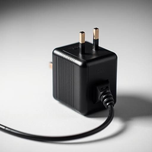 high-quality image of a black electrical wall adapter with a long power cord, soft lighting to enhance details, macro lens, f/2.8 aperture, 50mm focal length, ISO 100, taken from a 45-degree angle, neutral background for contrast
