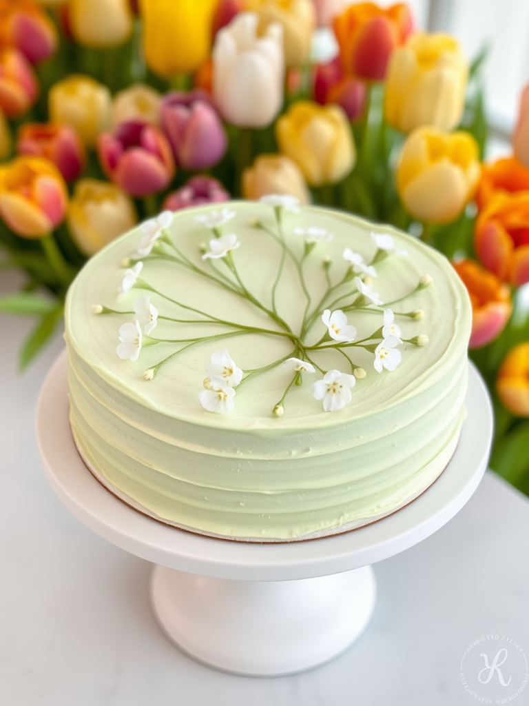 A beautifully decorated cake with a light green frosting featuring delicate white flowers and green stems, displayed on a white round cake stand, with a blurred background of colorful tulips.