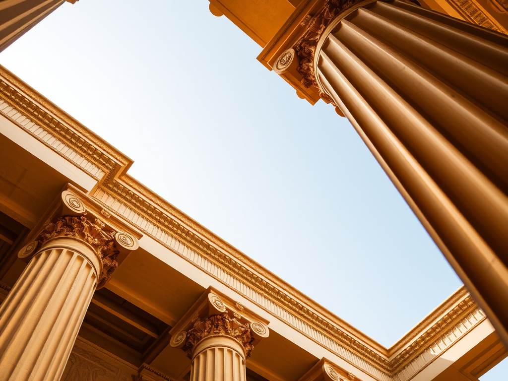 Create a detailed image of a Corinthian column in gold color, using a DSLR camera with a 50mm lens, f/2.8 aperture, ISO 100, and natural lighting, shot from a low-angle perspective to emphasize its height and design.
