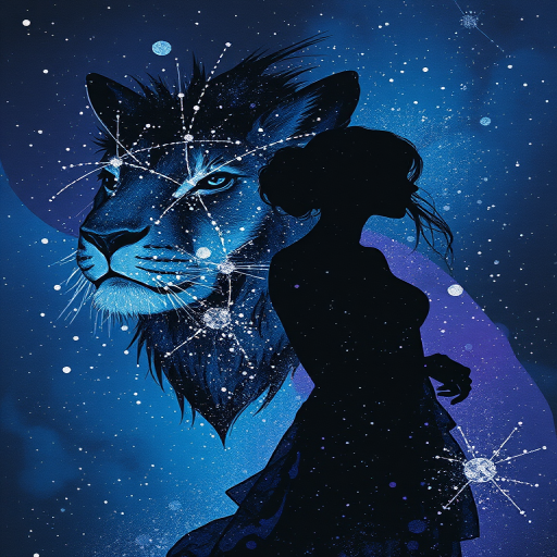Captivating conceptual render alcohol ink art, double exposure, the paint strokes artfully merge combining a woman's full silhouette with a Humble hare's silhouette. The figures are composed of a series of colored dots, lines & spots that evoke the image of a cosmic galaxy, colors are deep shades of blue purple & black with flashes of white & silver representing distant stars. The woman's silhouette is formed within the lion's silhouette from constellations of scattered stars, surreal