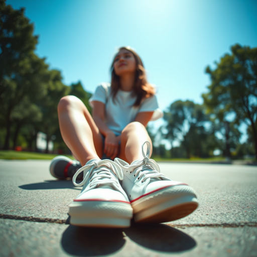 Generate an ultra-realistic, highly detailed, high-definition photograph. It's a photo of a girl sitting on the floor. She's looking at the horizon. The photo is taken from the bottom up, at ground level. The girl's sneakers are in the foreground, in the center of the scene. The girl is wearing light clothes, a t-shirt and short shorts. The sky is blue. Bright environment. The background is a blurred image of a park.