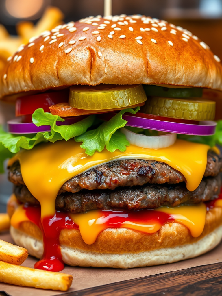 High-resolution, close-up image of a gourmet double cheeseburger. The burger features a glossy, sesame-seed-topped brioche bun. Inside, there are two thick, juicy beef patties, each topped with melted cheddar cheese. The burger is garnished with fresh lettuce, tomato slices, diced onions, and pickles. A generous amount of ketchup and a creamy, orange-colored sauce is dripping down the sides, adding to the mouth-watering appeal. In the background, there are blurred elements including a side of golden French fries and a hint of a beverage, enhancing the overall presentation of a delicious meal.