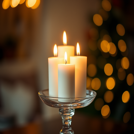 Regenerate the image with a focus on the glowing candles on a glass stand, using a DSLR camera with a 50mm lens, f/1.8 aperture, ISO 100, 1/60 sec shutter speed, shallow depth of field, and soft focus background to enhance the details and lighting of the scene.