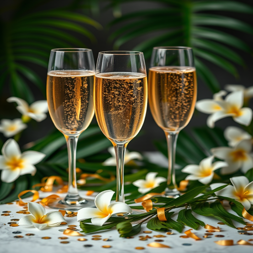 Create a festive still life image featuring two elegant champagne glasses filled with sparkling wine, surrounded by golden confetti, lush tropical leaves, and white flowers, using a shallow depth of field to blur the background, shot with a Canon EOS R5 at f/2.8, ISO 100, 1/125s, in a soft, diffused lighting setup.