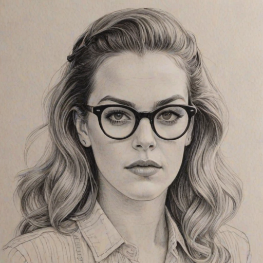 Superb Riley Keough, pencil sketch, portrait of Ravishing woman 1946s in glasses, hair style beatnik, outline, clear lines, fine lines, 8k