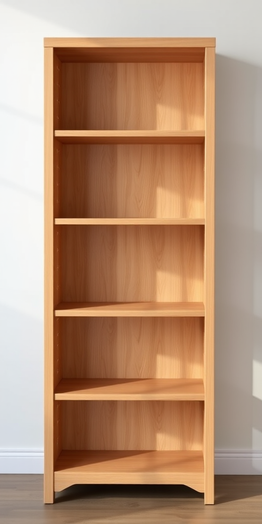 Create a 3D render of a wooden bookshelf with five open shelves and a smooth finish, photographed from a slightly elevated angle, using a DSLR camera with a 50mm lens at f/2.8, ISO 100, with natural lighting to enhance detail and texture.
