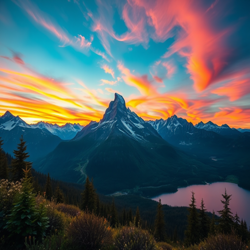 Create a detailed image of a majestic mountain landscape during sunset with vibrant colors in the sky, using a DSLR camera at f/8 aperture, ISO 100, shutter speed 1/125s, shot at a wide angle of 24mm for an expansive view, incorporate lush foreground greenery and a serene lake reflecting the mountains.
