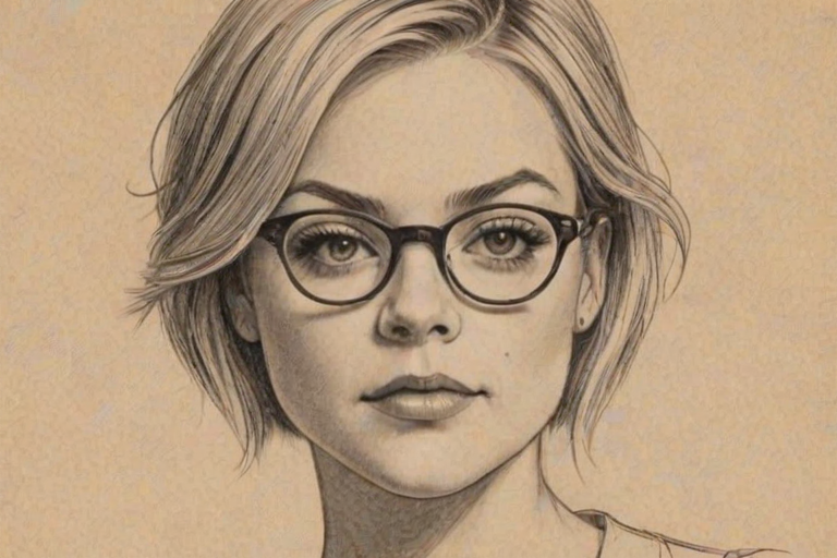 Appealing Kirsten Storms, pencil sketch, portrait of Fetching woman 1924s in glasses, hair style beatnik, outline, clear lines, fine lines, 8k
