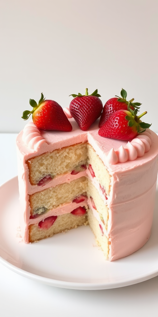 A beautifully decorated layered cake with fresh strawberries on top and a creamy pink frosting, showcasing a slice removed to reveal the fluffy interior filled with strawberry pieces, set on a white plate against a light background.