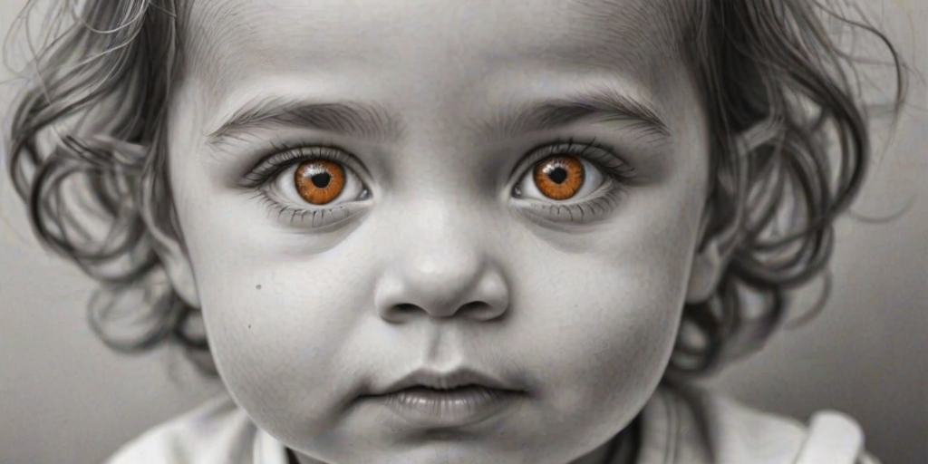 A hyperdetailed photorealistic black and white sketch of a beautiful toddler with deep orange eyes, with a macro focus