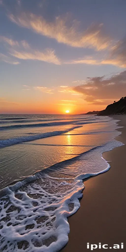 Serene Sunset Over Gentle Waves on a Tranquil Beach Shoreline