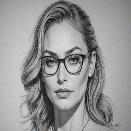 Graceful Drea de Matteo, pencil sketch, portrait of Dazzling woman 1947s in glasses, hair style beatnik, outline, clear lines, fine lines, 8k