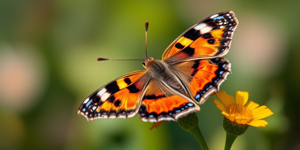 Capture a close-up of a butterfly with vibrant orange and blue patterns perched on a flower, using a DSLR camera with a 100mm macro lens, aperture set to f/2.8, ISO 200, and a shallow depth of field to blur the background, in natural daylight for enhanced colors and details.