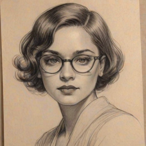 Enchanting Mekia Cox, pencil sketch, portrait of Bewitching woman 1928s in glasses, hair style beatnik, outline, clear lines, fine lines, 8k