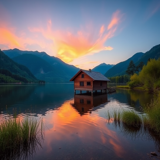 A serene lakeside scene with a wooden boathouse, surrounded by lush greenery and mountains in the background, captured at golden hour using a DSLR camera with a 35mm lens, f-stop at 8, shutter speed at 1/125s, ISO 100, tripoded for stability, wide-angle view to emphasize the reflections in the water.