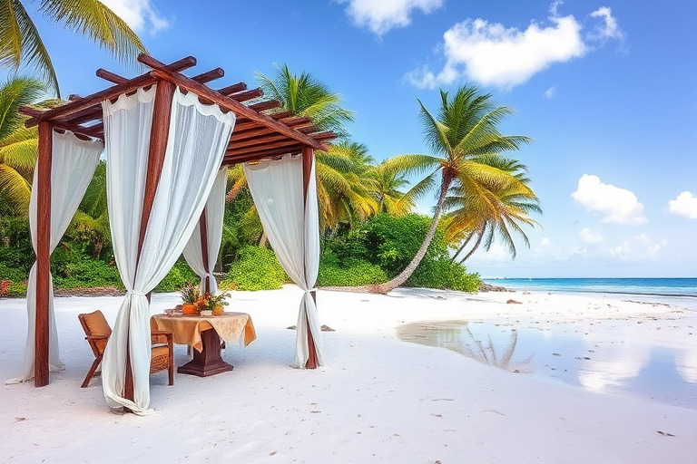 Create a picturesque tropical beach scene featuring a serene, white sandy shore. In the foreground, there's a rustic wooden canopy with white drapes gently flowing in the breeze. Underneath the canopy, a table is set with tropical decor, evoking a sense of relaxation and leisure. The beach extends into a calm, shallow water area with reflections of the sky and surroundings. Palm trees and lush greenery line the edge of the beach, providing a natural, tropical backdrop. The sky is clear with a few scattered clouds, and the overall atmosphere is tranquil and inviting, perfect for a peaceful retreat.