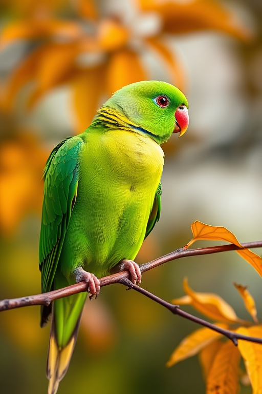 Capture a vibrant green parakeet perched on a branch with autumn leaves in a blurred background, using a Canon EOS 5D Mark IV, 85mm lens, f/1.8 aperture, ISO 200, with natural light for enhanced sharpness and color saturation.