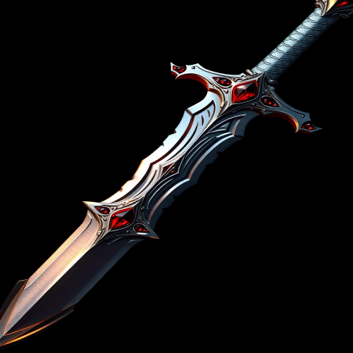 Create a highly detailed digital illustration of a fantasy sword with a shiny silver blade and red gem accents, using a 50mm lens, f/2.8 aperture, ISO 100, overhead view, rendered in high resolution with a focus on intricate details and reflections.