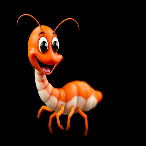 Create a vibrant cartoon shrimp character with a cheerful expression, using a DSLR camera with a 50mm lens, f/2.8 aperture, ISO 100, captured in a macro view against a solid black background to enhance detail and color contrast.
