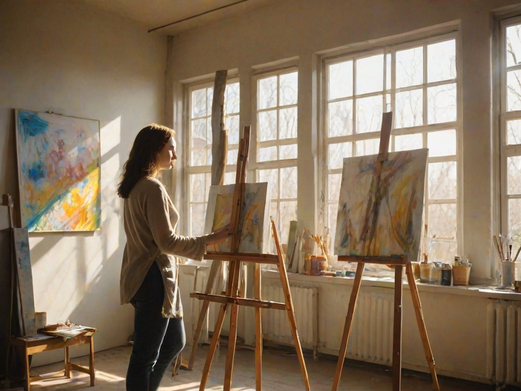 Quiet art studio, sunlight streaming through large windows, a woman stands in front of an easel, paintbrush in hand, carefully applying bold strokes to a canvas.
