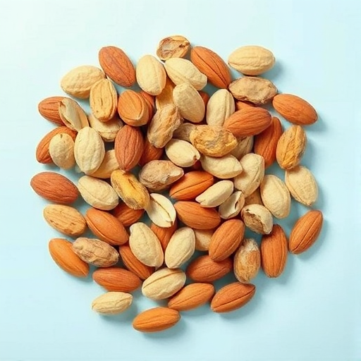 Generate a high-resolution image of peanuts and almonds, showcasing a vibrant and detailed illustration with a focus on the textures of the nuts, captured with a DSLR camera, 50mm lens, aperture f/1.8, ISO 100, natural lighting, top-down view.