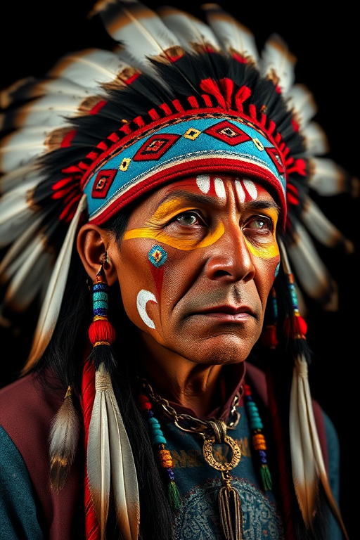 regenerate an image of a Native American chief with vibrant face paint and a feathered headdress, studio lighting, 85mm lens, f/1.8 aperture, ISO 100, 1/200s shutter speed, portrait view, high-resolution details against a black background