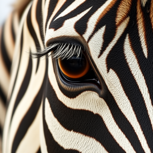 Close-up of a zebra’s face, focusing on its eye. The zebra’s distinctive black and white stripes are prominent, with its large brown eye showing detailed lashes and a slight reflection. The texture of the zebra’s skin and fur is visible, creating a sharp contrast between the dark and light stripes.