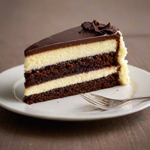 Create an image of a slice of layered cake on a simple plate. The cake should have distinct layers of chocolate and vanilla, with creamy frosting in between. The slice should be positioned to show the texture and colors of the layers clearly, with a clean and minimalistic background.