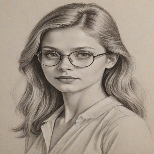Lovely Anna Baryshnikov, pencil sketch, portrait of Captivating woman 1976s in glasses, hair style beatnik, outline, clear lines, fine lines, 8k