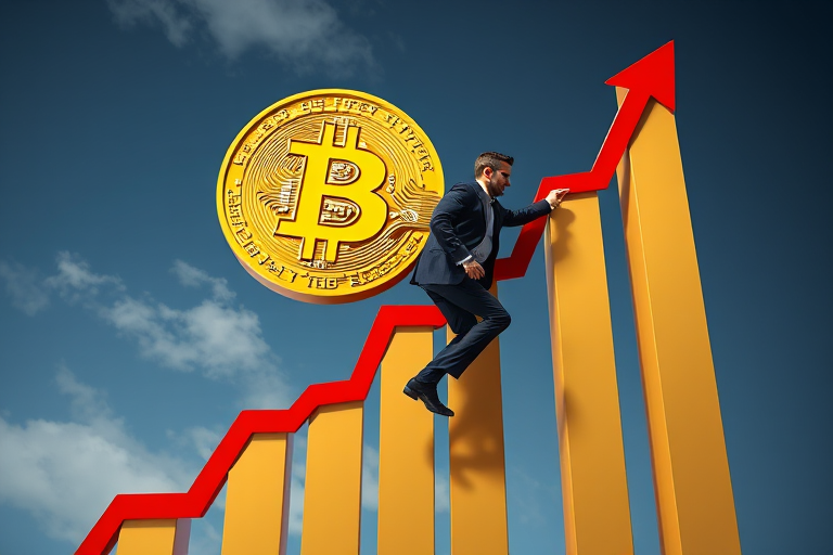 Create an image of a businessman in a suit climbing a graph that is trending upwards with a large Bitcoin symbol above it, using a high-resolution camera with a 50mm lens, f/2.8 aperture, ISO 100, and vibrant color saturation, viewed from a slightly low angle to emphasize the upward movement.
