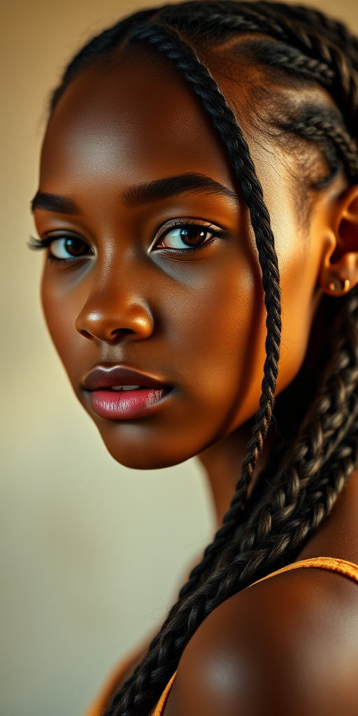 portrait of a young woman with braided hair, soft lighting, warm color tones, Canon EOS R5, 85mm f/1.2 lens, aperture f/1.2, ISO 100, shallow depth of field, 1/200 sec exposure