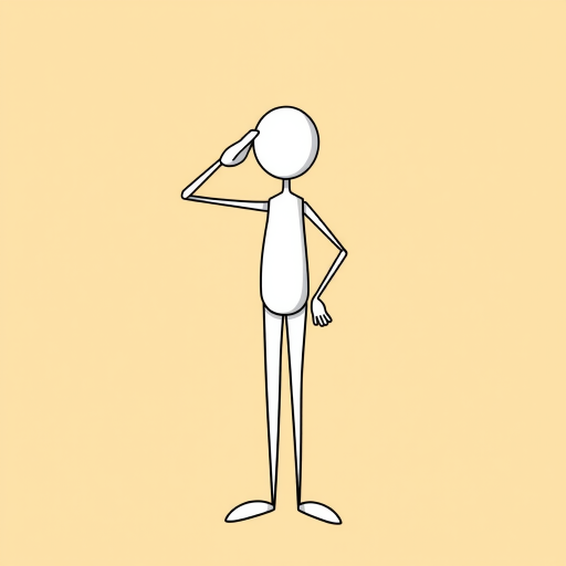 Create a high-resolution illustration of a stick figure standing in a salute pose against a plain background, shot with a 50mm lens at f/2.8, ISO 100, with a shallow depth of field to enhance focus on the figure, using a digital camera in a vector art style.