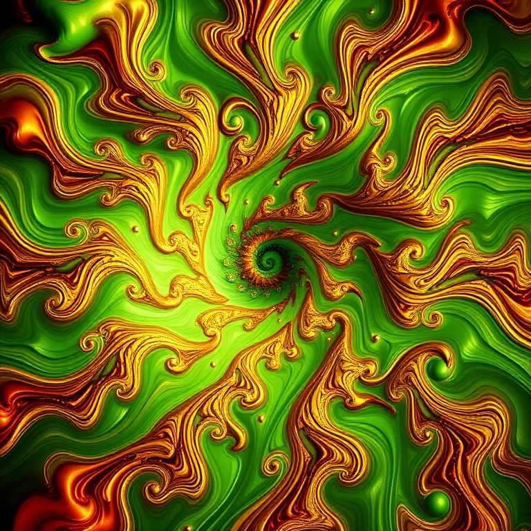 Generate a vibrant fractal design featuring swirling patterns in shades of green, gold, and red with high detail, using a macro lens with f/2.8 aperture, 100mm focal length, 1/125 sec shutter speed, and soft natural lighting.