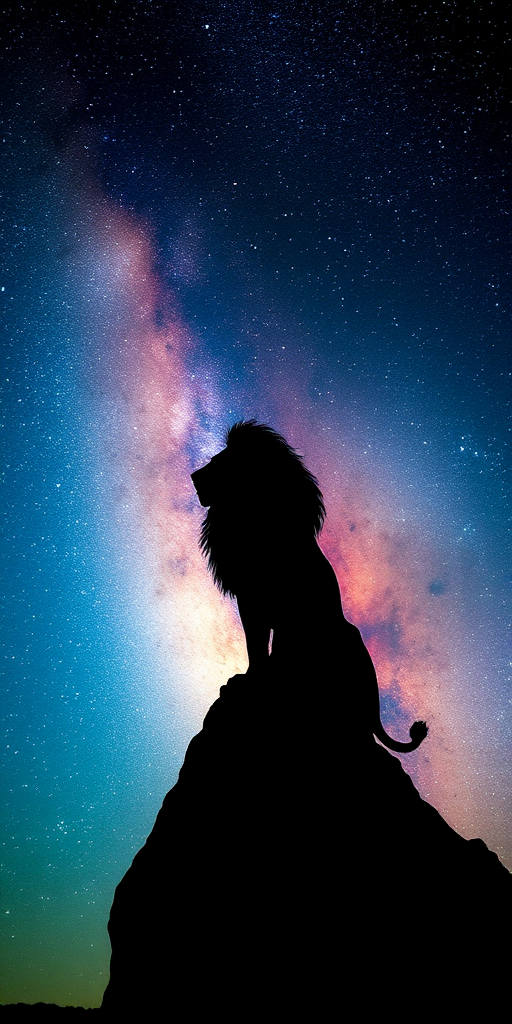 A majestic silhouette of a lion standing on a rock against a vibrant night sky filled with stars and the Milky Way, captured with a DSLR camera, 24mm lens, f/2.8 aperture, ISO 1600, and a long exposure of 15 seconds, with a wide-angle view to enhance depth and color saturation.
