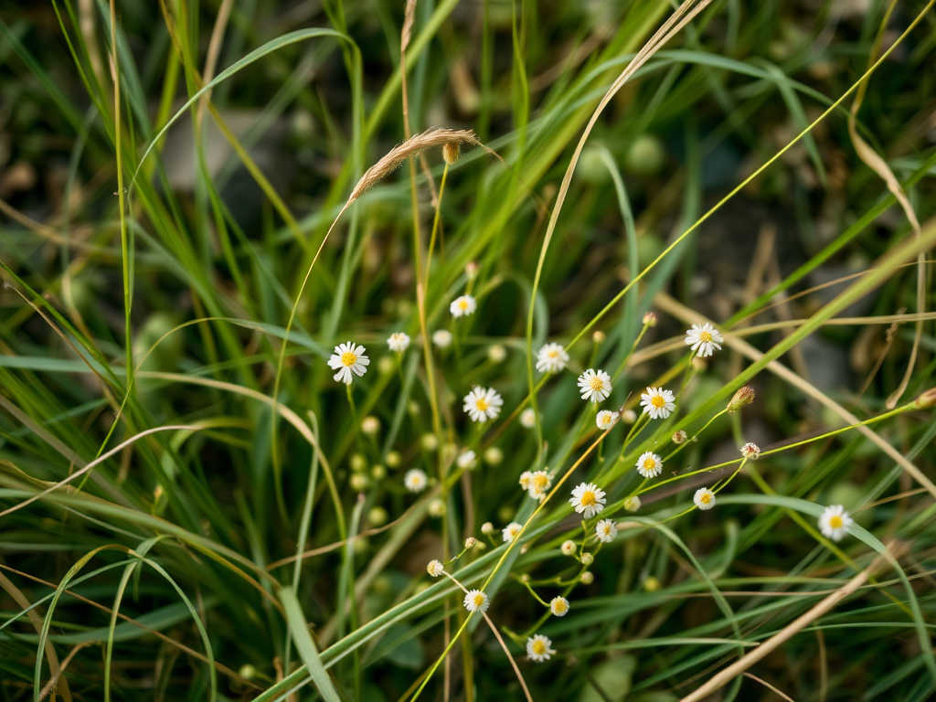 Regenerate the image of delicate grasses and small flowers in a natural setting with soft focus, using a 50mm lens, aperture f/2.8, shutter speed 1/250s, ISO 100, top-down view, natural light, and a DSLR camera for enhanced image quality.