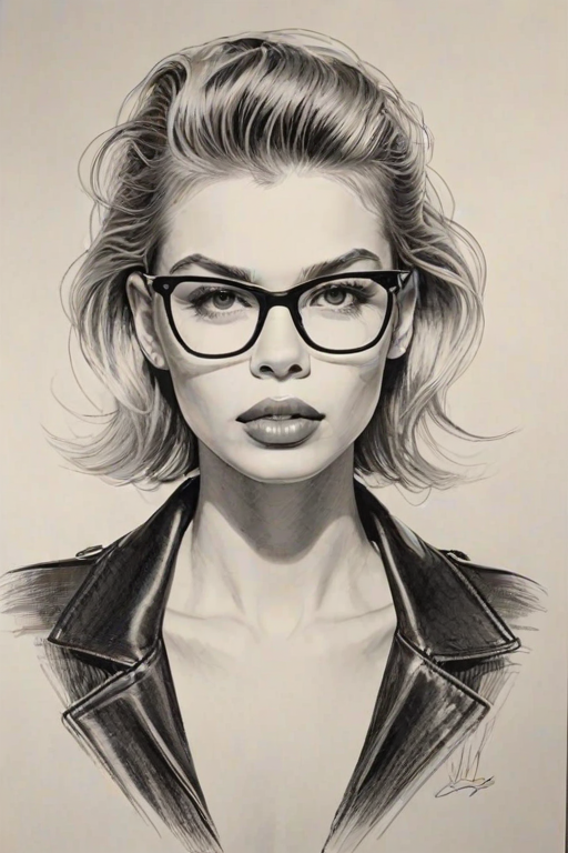 Captivating Stella Maxwell, pencil sketch, portrait of Enchanting woman 1948s in glasses, hair style beatnik, outline, clear lines, fine lines, 8k