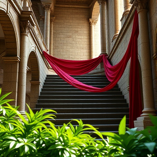 interior of an elegant ancient staircase with stone walls and columns, flowing crimson fabric draped elegantly, lush greenery in the foreground, soft sunlight filtering through, DSLR camera, aperture f/2.8, shutter speed 1/60 sec, ISO 200, wide angle lens, soft focus effect, high quality render