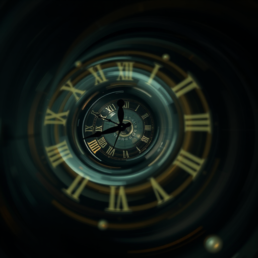 generate an abstract artwork featuring swirling clock motifs in a dark background, using a Canon EOS R5, 50mm lens at f/1.8, ISO 100, long exposure for smooth motion effects, with a low angle view to create depth and intrigue