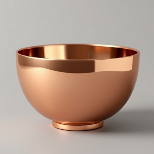 3D rendering of a polished copper bowl on a neutral gray background, lens: 50mm, aperture: f/8, ISO: 100, shallow depth of field, front view, soft lighting, high dynamic range, realistic texture and reflections.