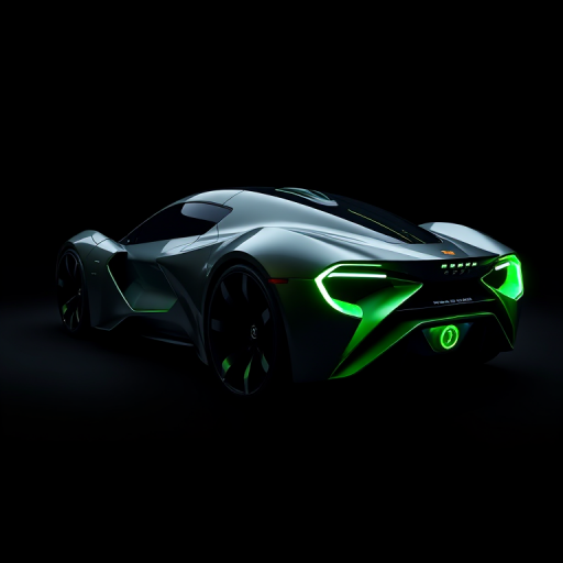 High-quality image of a futuristic vehicle with sleek design and glowing green accents, captured with a DSLR camera, f/2.8 aperture, ISO 100, 50mm lens, side view, studio lighting on a black background.