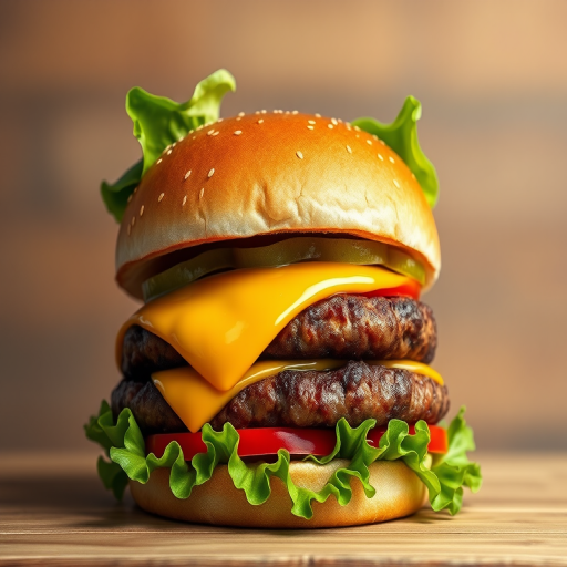 Create a highly detailed digital illustration of a hamburger featuring a thick patty, melted cheese, crisp lettuce, and a slice of tomato, captured with a DSLR camera at f/2.8 aperture, ISO 100, and a 50mm lens from a slightly elevated angle to enhance color vibrancy and sharpness.