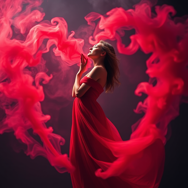 a graceful figure in a flowing red dress surrounded by wispy red and pink smoke forming a heart shape, soft focus, 85mm lens, f/1.8 aperture, ISO 200, low light setting, portrait orientation, cinematic lighting, DSLR camera