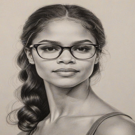 Pleasing Misty Copeland, pencil sketch, portrait of Resplendent woman 1963s in glasses, hair style beatnik, outline, clear lines, fine lines, 8k