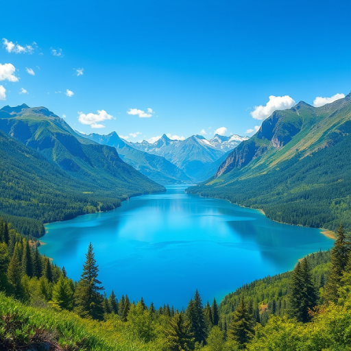 Create a detailed illustration of a serene landscape featuring a tranquil lake surrounded by lush green mountains under a bright blue sky, captured with a DSLR camera at f/8 aperture, ISO 100, 24mm lens, in a landscape orientation for enhanced clarity and depth.