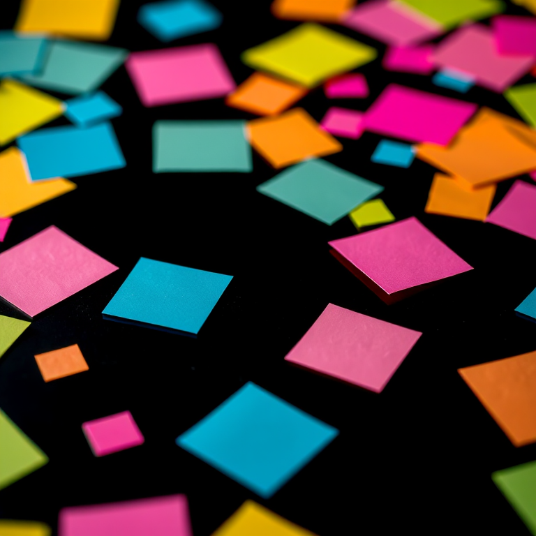 colorful sticky notes scattered on a black background, depth of field effect, ISO 100, aperture f/2.8, 50mm lens, DSLR camera, high-resolution image